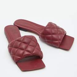 Pre Owned Bottega Veneta Red Quilted Leather Lido Flat Slides Size 37.5