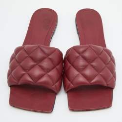 Pre Owned Bottega Veneta Red Quilted Leather Lido Flat Slides Size 37.5