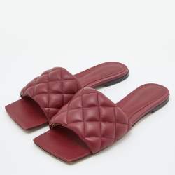 Pre Owned Bottega Veneta Red Quilted Leather Lido Flat Slides Size 37.5