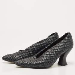 Pre Owned Bottega Veneta Black Leather Intrecciato Block Heel Pumps Size 37