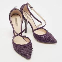 Pre Owned Bottega Veneta Purple Leather Textured Cross Strap Pumps Size 37