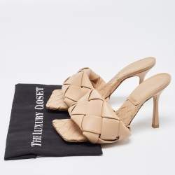 Pre Owned Bottega Veneta Beige Intrecciato Leather Lido Slides Size 38.5