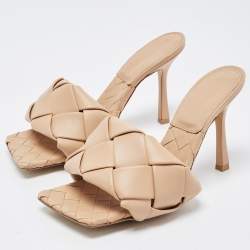 Pre Owned Bottega Veneta Beige Intrecciato Leather Lido Slides Size 38.5
