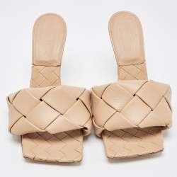 Pre Owned Bottega Veneta Beige Intrecciato Leather Lido Slides Size 38.5