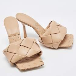 Pre Owned Bottega Veneta Beige Intrecciato Leather Lido Slides Size 38.5
