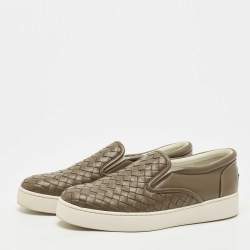 Pre Owned Bottega Veneta Dark Green Intrecciato Leather Dodger Slip on Sneakers Size 37