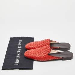 Pre Owned Bottega Veneta Orange Intrecciato Leather Fiandra Flat Mules Size 36.5