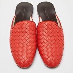 Pre Owned Bottega Veneta Orange Intrecciato Leather Fiandra Flat Mules Size 36.5