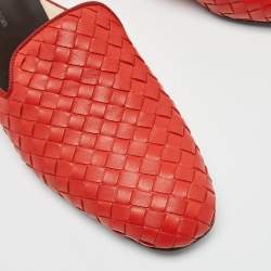 Pre Owned Bottega Veneta Orange Intrecciato Leather Fiandra Flat Mules Size 36.5