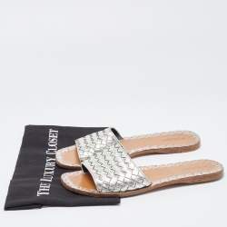 Bottega Veneta Silver Intrecciato Leather Flat Slides Size 40