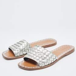 Bottega Veneta Silver Intrecciato Leather Flat Slides Size 40