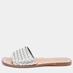 Bottega Veneta Silver Intrecciato Leather Flat Slides Size 40