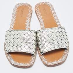 Bottega Veneta Silver Intrecciato Leather Flat Slides Size 40