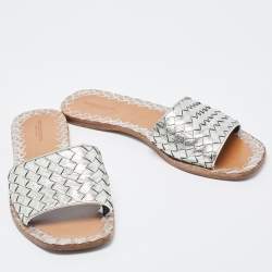 Bottega Veneta Silver Intrecciato Leather Flat Slides Size 40