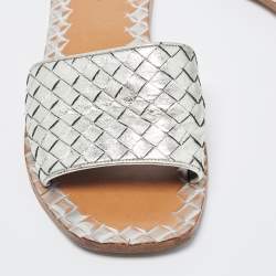 Bottega Veneta Silver Intrecciato Leather Flat Slides Size 40