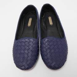 Pre Owned Bottega Veneta Navy Blue Intrecciato Leather Smoking Slippers Size 37