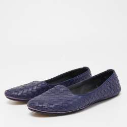 Pre Owned Bottega Veneta Navy Blue Intrecciato Leather Smoking Slippers Size 37