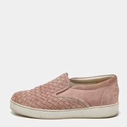 Pre Owned Bottega Veneta Pink Intrecciato Suede Dodger Slip On Sneakers Size 38.5