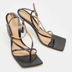 مملوكة مسبقًا Bottega Veneta Black Leather Stretch Square Ankle Strap Sandals Size 38