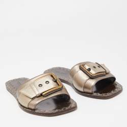 Pre Owned Bottega Veneta Metallic Leather Buckle Detail Flat Slides Size 37