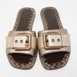 Pre Owned Bottega Veneta Metallic Leather Buckle Detail Flat Slides Size 37