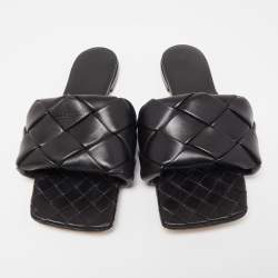 Bottega Veneta Black Quitled Woven Leather Padded Flat Slides Size 39