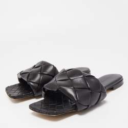 Bottega Veneta Black Quitled Woven Leather Padded Flat Slides Size 39
