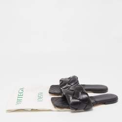 Bottega Veneta Black Quitled Woven Leather Padded Flat Slides Size 39