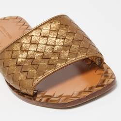 Pre Owned Bottega Veneta Metallic Bronze Intrecciato Leather Flat Slides Size 37