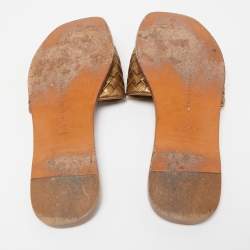Pre Owned Bottega Veneta Metallic Bronze Intrecciato Leather Flat Slides Size 37