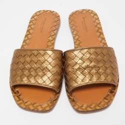 Pre Owned Bottega Veneta Metallic Bronze Intrecciato Leather Flat Slides Size 37