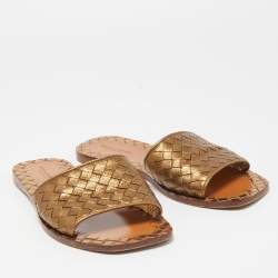 Pre Owned Bottega Veneta Metallic Bronze Intrecciato Leather Flat Slides Size 37