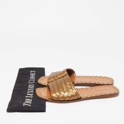Pre Owned Bottega Veneta Metallic Bronze Intrecciato Leather Flat Slides Size 37