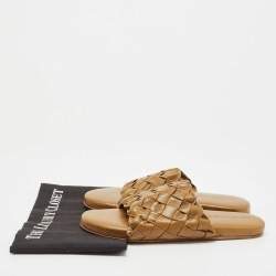 Pre Owned Bottega Veneta Olive Green Leather Slides Size 38