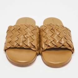 Pre Owned Bottega Veneta Olive Green Leather Slides Size 38