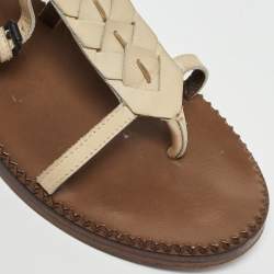 Pre Owned Bottega Veneta Cream Leather Ankle Strap Flat Sandals Size 37