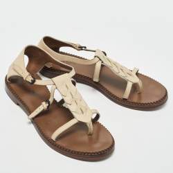 Pre Owned Bottega Veneta Cream Leather Ankle Strap Flat Sandals Size 37