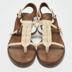 Pre Owned Bottega Veneta Cream Leather Ankle Strap Flat Sandals Size 37