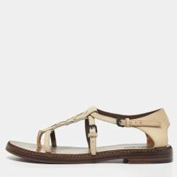 Pre Owned Bottega Veneta Cream Leather Ankle Strap Flat Sandals Size 37