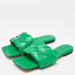 Pre Owned Bottega Veneta Green Intrecciato Leather Lido Slide Flats Size 42
