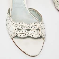 Pre Owned Bottega Veneta White Perforated Intrecciato Leather Slide Sandals Size 40.5
