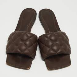 Pre Owned Bottega Veneta Brown Quilted Leather Lido Flat Slides Size 38