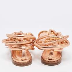 Pre Owned Bottega Veneta Metallic Leather Ankle Tie Flat Sandals Size 37