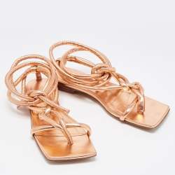 Pre Owned Bottega Veneta Metallic Leather Ankle Tie Flat Sandals Size 37