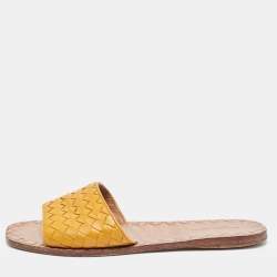 Pre Owned Bottega Veneta Yellow Intrecciato Leather Flat Slides Size 37