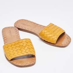 Pre Owned Bottega Veneta Yellow Intrecciato Leather Flat Slides Size 37