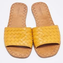 Pre Owned Bottega Veneta Yellow Intrecciato Leather Flat Slides Size 37