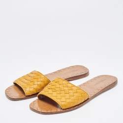 Pre Owned Bottega Veneta Yellow Intrecciato Leather Flat Slides Size 37
