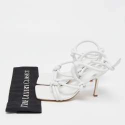 مملوكة مسبقًا Bottega Veneta White Knotted Leather Slingback Ankle Strap Sandals Size 38.5