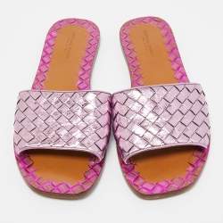 مملوكة مسبقًا Bottega Vaneta Metallic Purple Intrecciato Foil Leather Ravello Flat Slides Size 38